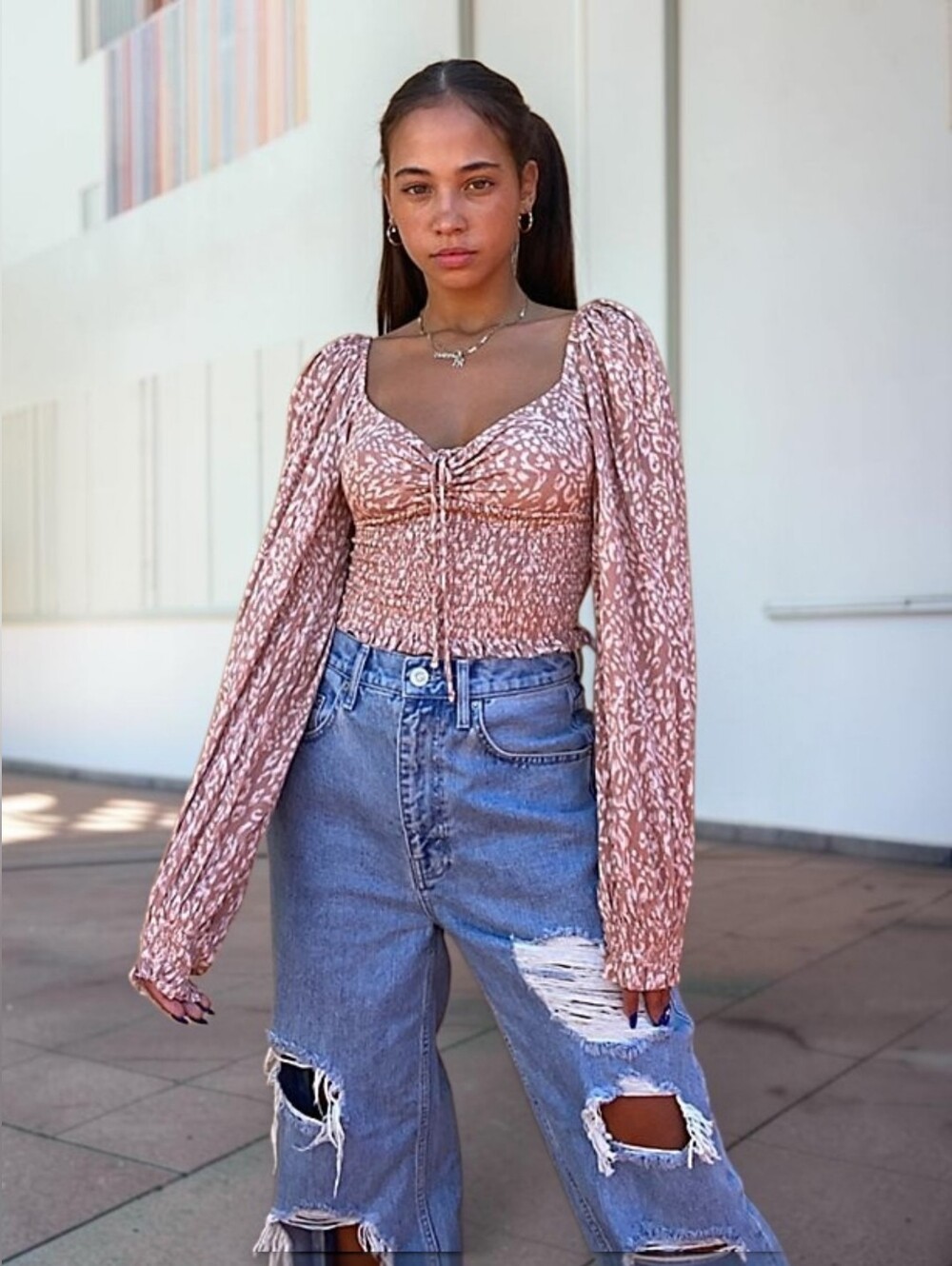 🆕️ Urban Outfitters Pinkish Tan & Cream Cropped Long Sleeve Top Womens Medium